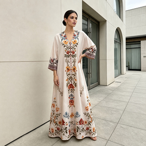 Abito Lungo da Donna con Scollo a V, Maniche 9/10, Spalle Scivolate, Stampa Digitale Floreale, Casual Elegante, Drappeggiato, per Vacanze, Stile Abaya - Product Image 4