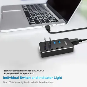 RSHTECH Aluminium 4 Ports 5Gbps <span class=keywords><strong>USB</strong></span> 3.0 Splitter Expander Individuel ON/OFF Switch Gaming <span class=keywords><strong>USB</strong></span> Hub pour PC Portable Xbox PS4 - Product Image 4