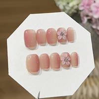 10 faux ongles courts carrés rose ombré faits à la main avec fleurs 3D, en acrylique, vente en gros