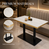 Table de salle à manger à bordure dorée brossée à vendre, surface en pierre frittée, idéale pour salles de conférence, espaces événementiels et hôtels, prix de gros