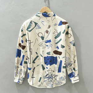 Camisa Casual de Manga Larga para Hombre, Cuello Alto, Estampado Abstracto Dibujado a Mano, Manga Completa, Tejida, para Verano - Product Image 1
