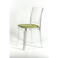 Chaise transparente Lucienne avec coussin en NUBUCK écologique vert mousse, rembourrée confortable, pour salon, modèle 15C2015