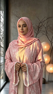 Pink Printed Open Abaya Kimono With Fringe Trim Matching Hijab Set Dubai Modest Muslim Women Robe Ramadan Eid <b>Islamic</b> <b>Clothing</b> - Product Image 3