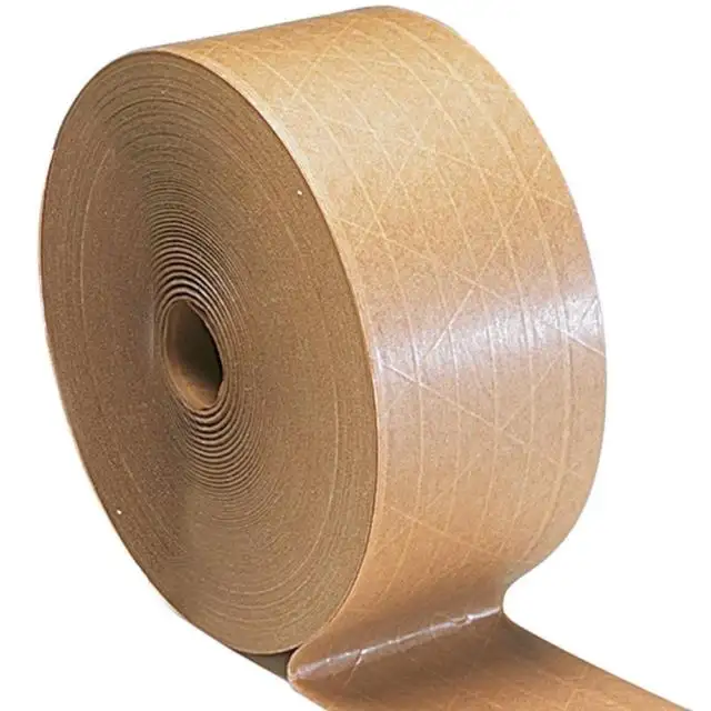 Verpakking Bruin Gegomd Water Geactiveerde Vezel Versterkte Kraft Papier Tape Roll Aangepaste Logo Kraft Tape