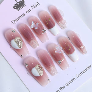 Faux Ongles de Luxe Faits Main en Acrylique à Coller, Forme Cercueil, Couverture Complète 3D, French Manucure, Motif Papillon, Haute Qualité, Vente en Gros - Product Image 1