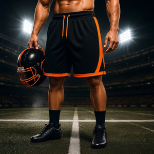 Football <b>Shorts</b> <b>Men</b> <b>Black</b> Orange Side Stripe Mid Drawstring Breathable Quick Dry Sporty Sublimation Print 92% Polyester 120g - Product Image 1