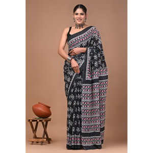 Sari de Algodón Mulmul Estampado con Blusa a Juego, Sari de Algodón Mulmul Ligero y Elegante - Cómodo para Uso Diario - Product Image 1