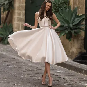 Klassische elegante Mid-Calf Short Wedding Kleider Einfache schulter freie drapierte Schärpen 2021 Neue Luxus-Verlobungs-Brautkleider