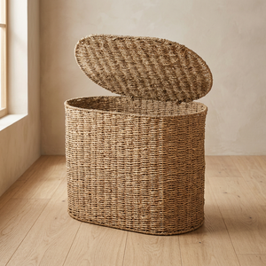 Woven Seagrass Wicker Multifunctional Storage <b>Basket</b> <b>Waste</b> Bin-for Bathrooms and Bedrooms-Natural - Product Image 4
