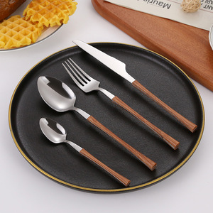 430 Stainless Steel Faux Wood Handle Knife Fork Spoon <b>Set</b> Western Cuisine Cutlery For Steak And Dessert - Product Image 1