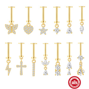 Piercing Labret sans fil en argent sterling 925, motif fleur et étoile, avec zircon CZ transparent doré vintage, pour lèvre - Product Image 6