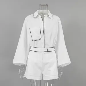 चीन परिधान फैक्टरी आपूर्ति सफेद लिनन महिला लंबी आस्तीन शर्ट शॉर्ट्स सेट