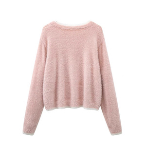 Pull col rond rose à imprimé chat pour femme Zhan Ya, coupe ample, manches longues, tricot anti-boulochage, collection automne-hiver - Product Image 2