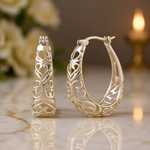 Boucles d'oreilles créoles en or blanc E2510 pour femmes, bijoux classiques en alliage à la mode avec motif cœur - Product Image 2