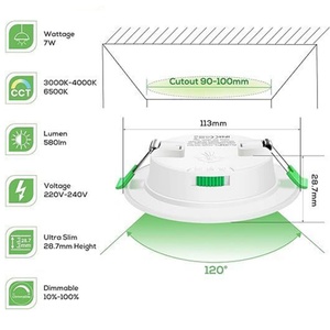 Plafonnier LED encastré ultra-plat 7W, 3000K/4000K/6500K CCT, intensité variable, 1 pièce - Product Image 4