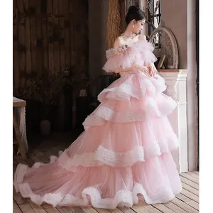 Ratu Gaun Indah Sayang Merah Muda Berjenjang Payet 3D Bunga Gaun Gelembung Gaun Bola Tulle Lembut Berenda Sederhana Elegan Putri Prom