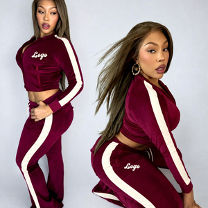 Wholesale <b>Velvet</b> Women Y2K Custom Jacket Tracksuit 2 Piece Side Stripe <b>Jogger</b> Pants Set Women's Velour Tracksuits for Women - Product Image 1