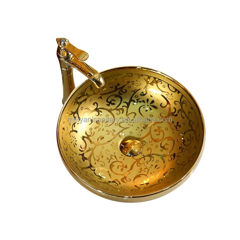 Новый дизайн, роскошные современные раковины для ванной комнаты золотого цвета с гальваническим покрытием круглой формы