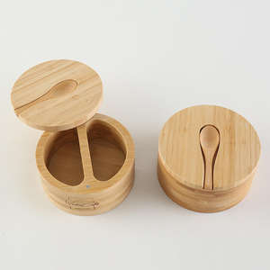 Boîte à épices en bambou multifonctionnelle classique à 2 compartiments, écologique, petite, pour la cuisine, stockage de poivre et de sel, pots à cuillères en bois - Product Image 1