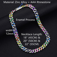 Collar de Joyería Unisex de Moda Europea y Americana, Estilo Hip Hop, con Eslabones Cubanos de Miami, de 12 mm, con Esmalte Arcoíris Neón y Circonitas Cúbicas Iced Out