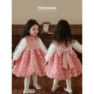无最小起订量1-8岁公主2件婴儿花童连衣裙和毛衣冬季粉色或红色学步女婴连衣裙派对连衣裙