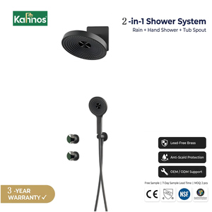 Mezclador de ducha empotrado de lujo negro mate con cabezal de lluvia redondo, control de doble perilla y ducha de mano de latón para proyectos de villas - Product Image 1