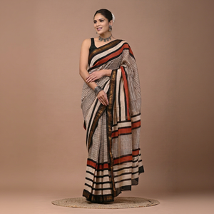Sari de Seda Maheshwari de Primera Calidad, Hecho a Mano, con Estampado Tradicional Indio, Sari Ligero de Seda y Algodón para Mujer - Product Image 1