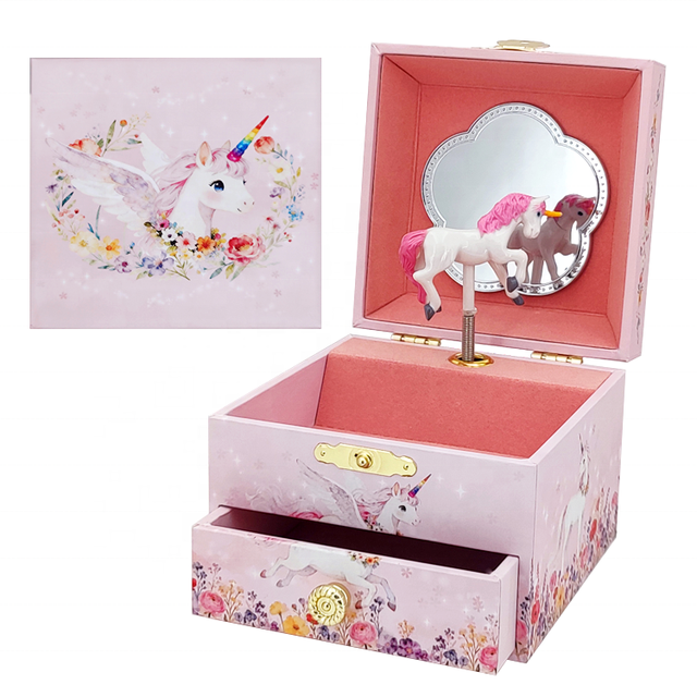 Jakos Wooden Music Box-Floral Unicorn-Themed Toy Music Box for Girls' Birthday & Christmas MDF Material Wind-Up Sound Duration
