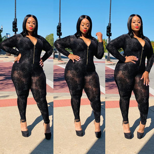 Black Sheer <strong>Mesh</strong> Flower Flocking Bandage Rompers Women Zipper up Long Sleeve Skinny <strong>Catsuit</strong> Elegant See Through Party Bodysuit - Product Image 5