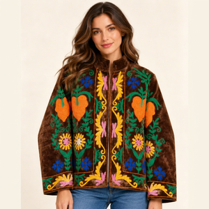Custom <b>Women</b> <b>Velvet</b> <b>Jacket</b> Celestial Star Heart Embroidery Stand Collar Side Pocket Breathable Cotton Lined - Product Image 1