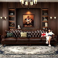 Canapé en cuir de luxe vintage de style américain pour salon, salon de cigares, design mi-moderne, en bois massif, capitonné, brun huilé
