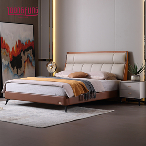 Lit plateforme minimaliste en bois de pin massif naturel, revêtu de cuir véritable de qualité supérieure, style nordique LOONGFUNG - Product Image 1