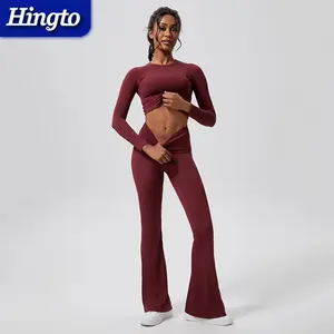 Slim Fit Long Sleeved T-Shirt And Flared Legging Sets Workout Gym Clothes Activewear Sport Gym Fitness Yoga Sets Fitness Women