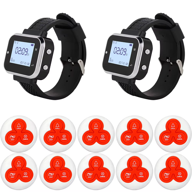 Restaurant Calling System Service Call Bell Waterproof Call Button for Hotel 10 Buttons With 2 Watches