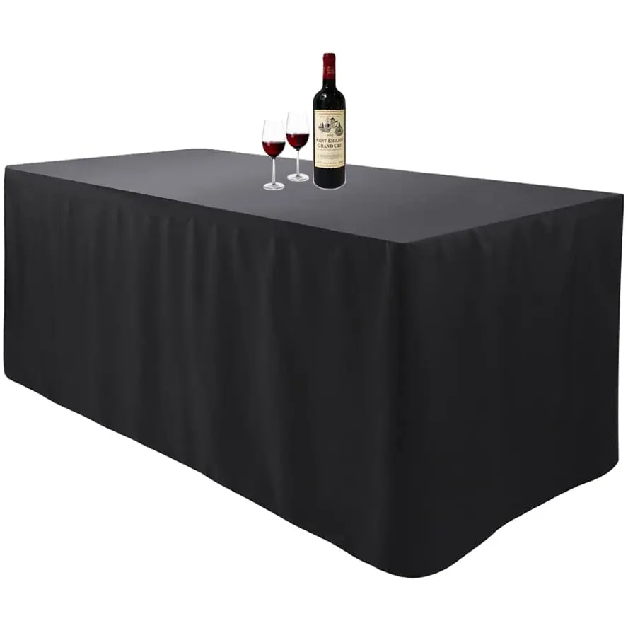 Black Fitted Rectangle Table Cloth for 6 Foot Table in Washable Polyester Buffet 6FT Fitted Tablecloth