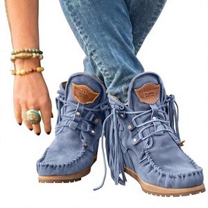 Bottines en daim pour femmes, à lacets, bout rond, avec pompon, talon compensé, doublure en polaire, bottines d'automne - Product Image 6