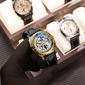 Luxury Men's Gold Vintage Carved <b>Skeleton</b> <b>Automatic</b> Mechanical <b>Watch</b> Roman Numerals Dial Leather Strap Luminous Waterproof <b>Watch</b> - Product Image 6