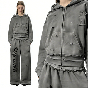 OEM Custom Men's Autumn Casual Vintage Terry Sweatsuit Set | Distressed Acid Wash Zip-Up Hoodie & Printed 2-Piece <b>Tracksuit</b> - Product Image 1