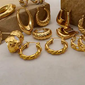 Ins 18k Gold Plated Big Hoops Chunky Twisted Shaped Earrings Women Stainless Steel Hoop Vintage Earrings Jewelry