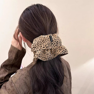 Grand élastique à cheveux rétro en tissu imprimé léopard, style coréen, fait main, haute élasticité, 19 cm, accessoires pour queue de cheval, fête - Product Image 2