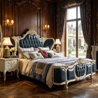 Lit King Size Grand Royal en Bois Massif avec Tête de Lit Rembourrée en Cuir de Vachette Indigo Profond et Boutons – Ensembles de Chambre à Coucher