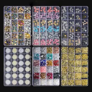 24 Grid Mixed Zircon Rhinestones Flowers Pearls Cross Nail Accessories 3D Metal Bling Designer Luxury Charms For Nails