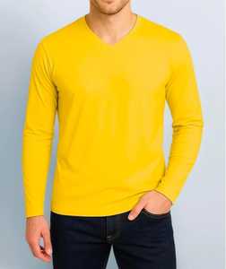 Camiseta de Manga Larga para Hombre, Cuello en V, Color Amarillo Sólido, Estilo Casual - Product Image 4