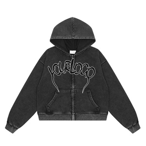 Vintage Washed <b>Black</b> Zip up Hoodie Oversized Boxy Heavy Cotto Jacket Blank Custom Logo Streetwear Zip <b>Sweatshirt</b> Wholesale - Product Image 1