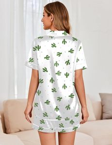 Ensemble de pyjama en satin de soie pour femmes, motif <span class=keywords><strong>cactus</strong></span>, col rabattu, manches courtes, haut boutonné, shorts, vêtements de détente, 2 pièces, lavable en machine - Product Image 5