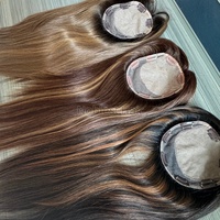 Prêt à expédier : Topper de cheveux vierges européens bruns avec mèches, base double en soie 5.5x6.5, 100% cheveux humains à clipser, aspect naturel, postiche pour femme