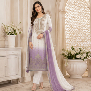 Salwar Kameez brodé blanc et violet dégradé avec dupatta, tenue traditionnelle indienne et pakistanaise, longueur cheville, vêtements pour femmes - Product Image 1