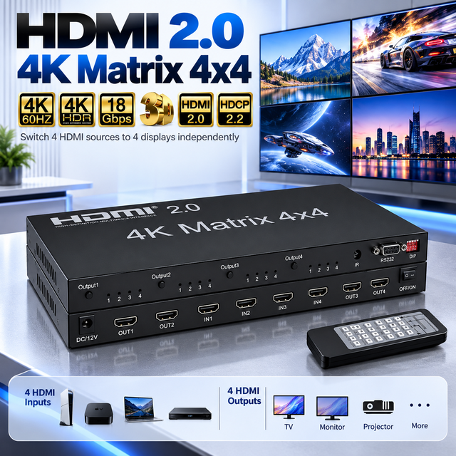 4x4 HDMI Matrix Switcher 4K HDMI 2.0 Splitter Switch 4 Input 4 Output Video Audio Matrix Support 1080P 3D