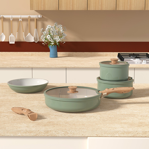 Juego de Utensilios de Cocina Antiadherentes de Aluminio Fundido de 6 Piezas, Diseño Moderno OEM, Sartén con Tapa de Vidrio, Color Verde Granito Morandi, Ligero, Duradero, Apto para Gas e Inducción - Product Image 2