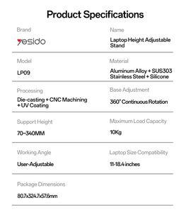 ขาตั้งโน้ตบุ๊ก Yesido อลูมิเนียมอัลลอย หมุนได้ 360 องศา พับได้ 2-in-1 ถอดประกอบได้ ปรับระดับความสูงได้ รุ่น LP09 - Product Image 5